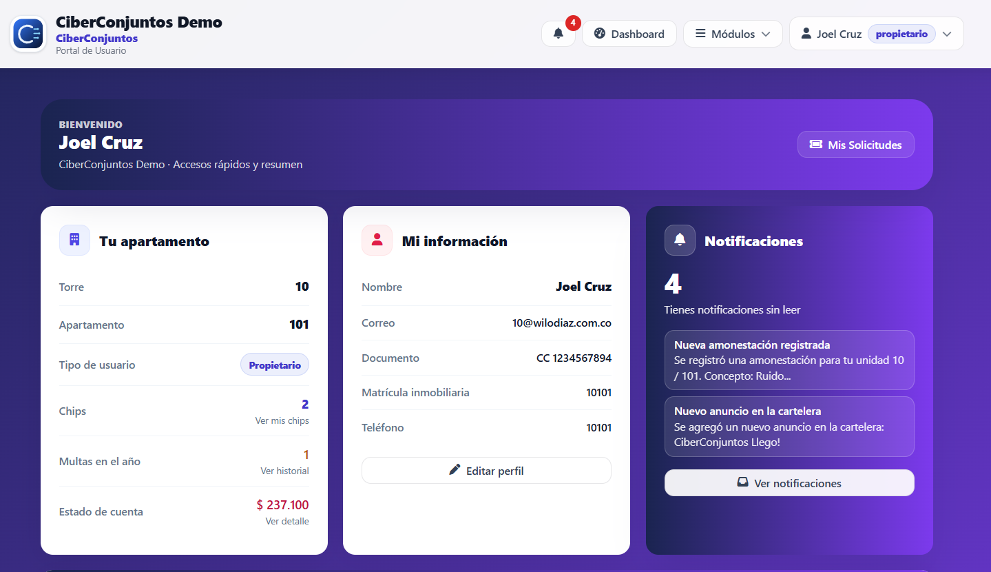 Vista del dashboard de CiberConjuntos